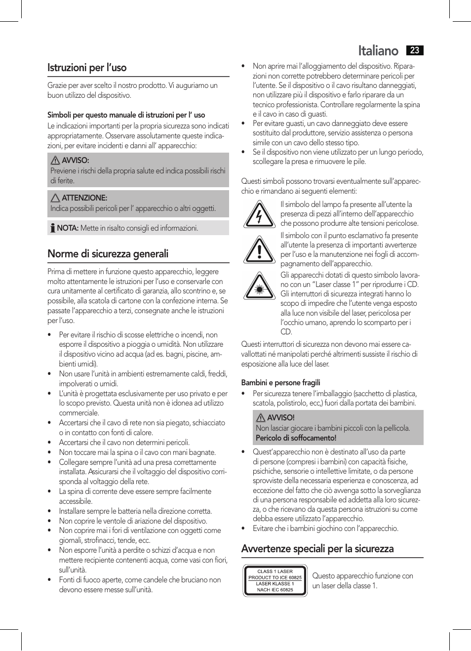 Italiano, Istruzioni per l’uso, Norme di sicurezza generali | Avvertenze speciali per la sicurezza | AEG MC 4463 CD User Manual | Page 23 / 38