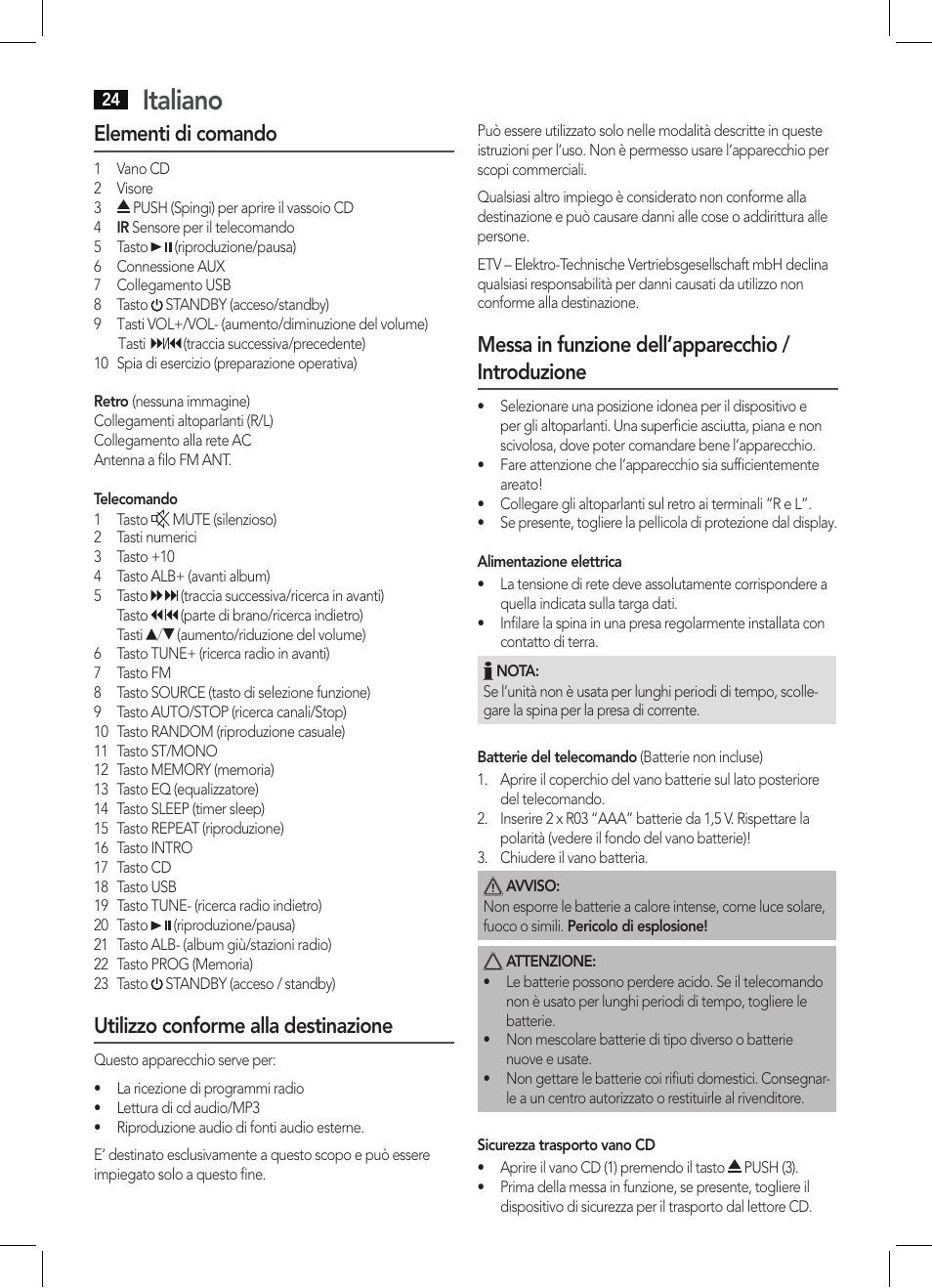 Italiano, Elementi di comando, Utilizzo conforme alla destinazione | Messa in funzione dell’apparecchio / introduzione | AEG MC 4463 CD User Manual | Page 24 / 38