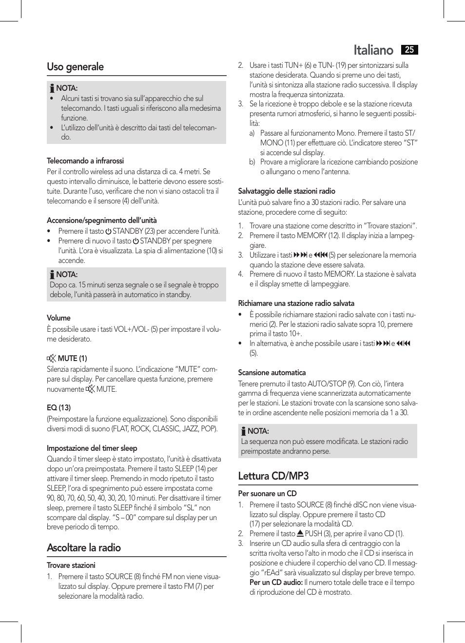 Italiano, Uso generale, Ascoltare la radio | Lettura cd/mp3 | AEG MC 4463 CD User Manual | Page 25 / 38