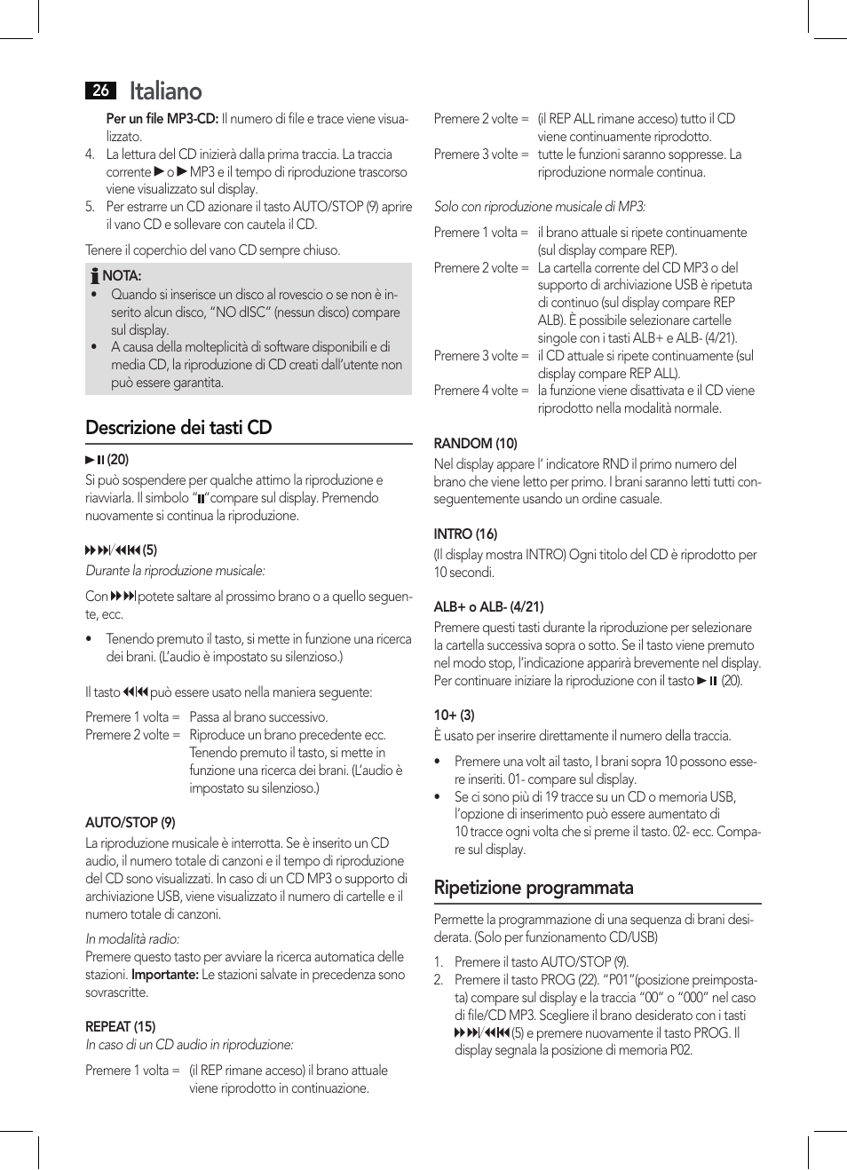 Italiano, Descrizione dei tasti cd, Ripetizione programmata | AEG MC 4463 CD User Manual | Page 26 / 38