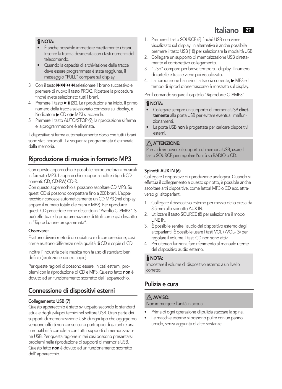 Italiano, Riproduzione di musica in formato mp3, Connessione di dispositivi esterni | Pulizia e cura | AEG MC 4463 CD User Manual | Page 27 / 38