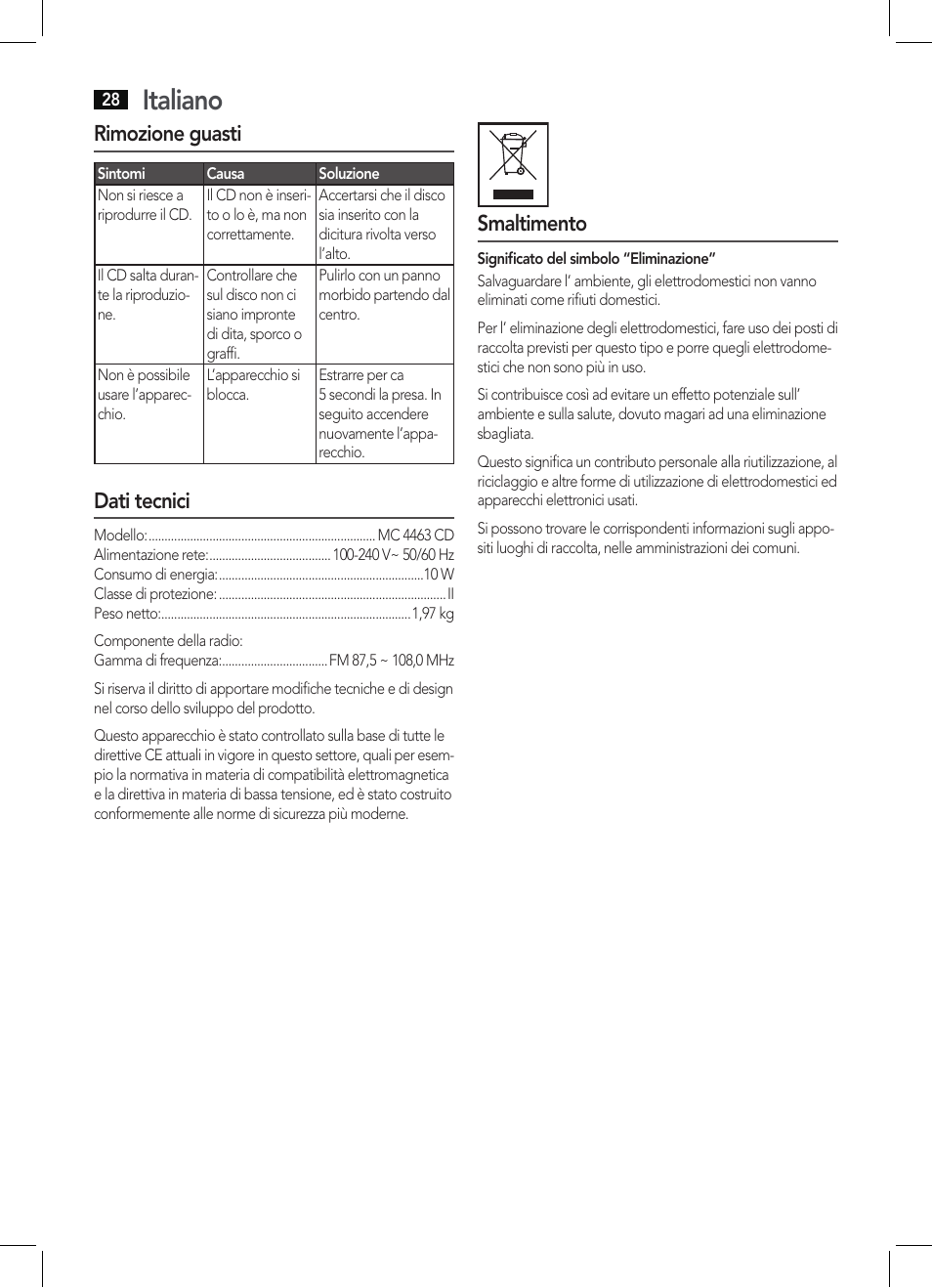 Italiano, Rimozione guasti, Dati tecnici | Smaltimento | AEG MC 4463 CD User Manual | Page 28 / 38