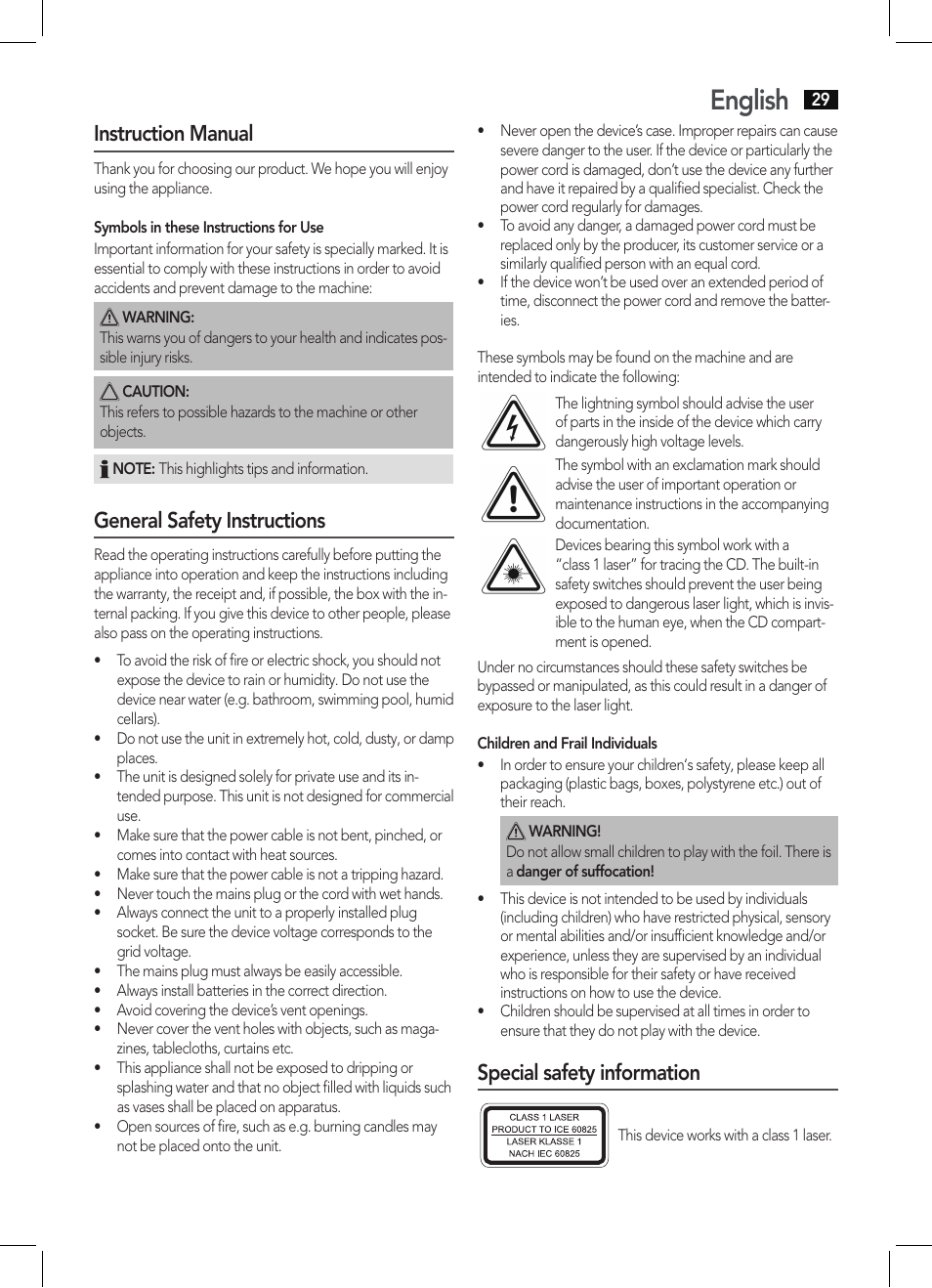 English, Instruction manual, General safety instructions | Special safety information | AEG MC 4463 CD User Manual | Page 29 / 38