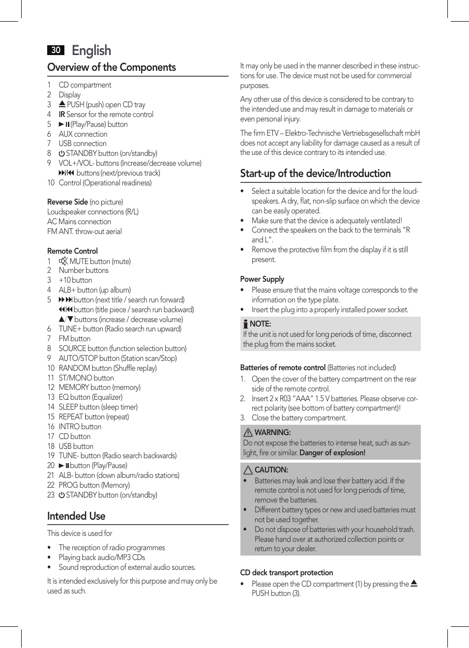 English, Overview of the components, Intended use | Start-up of the device/introduction | AEG MC 4463 CD User Manual | Page 30 / 38