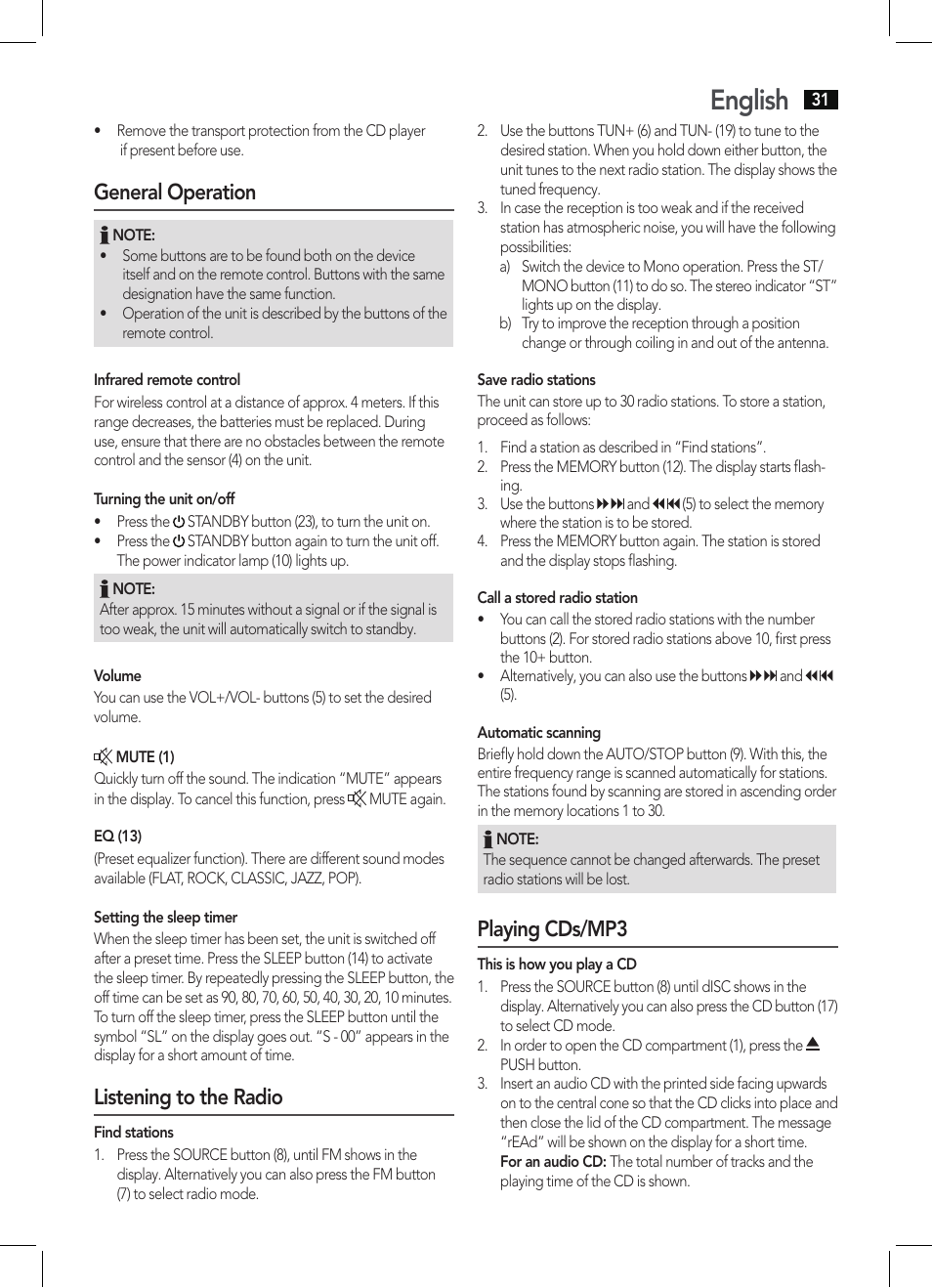 English, General operation, Listening to the radio | Playing cds/mp3 | AEG MC 4463 CD User Manual | Page 31 / 38