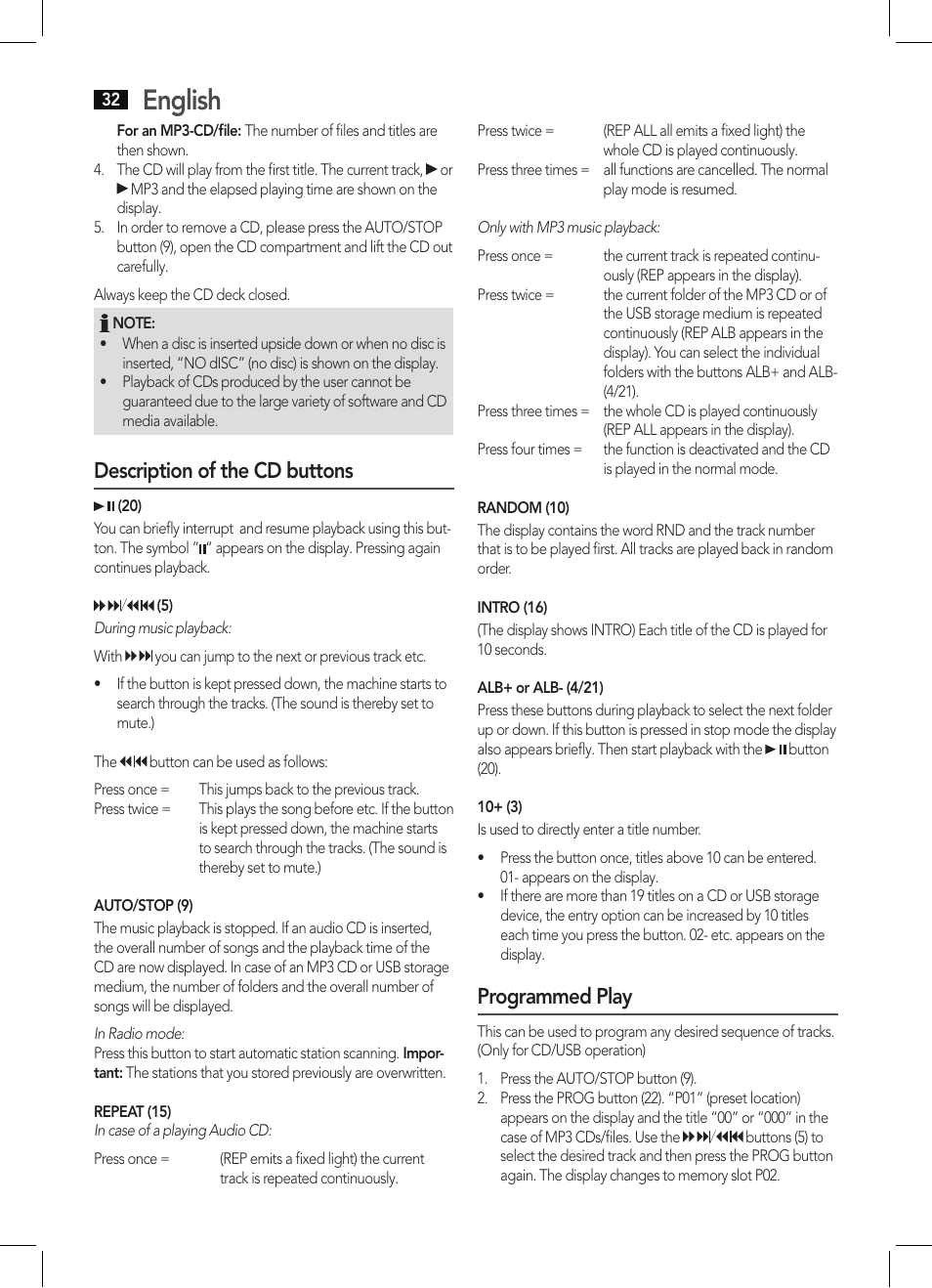 English, Description of the cd buttons, Programmed play | AEG MC 4463 CD User Manual | Page 32 / 38