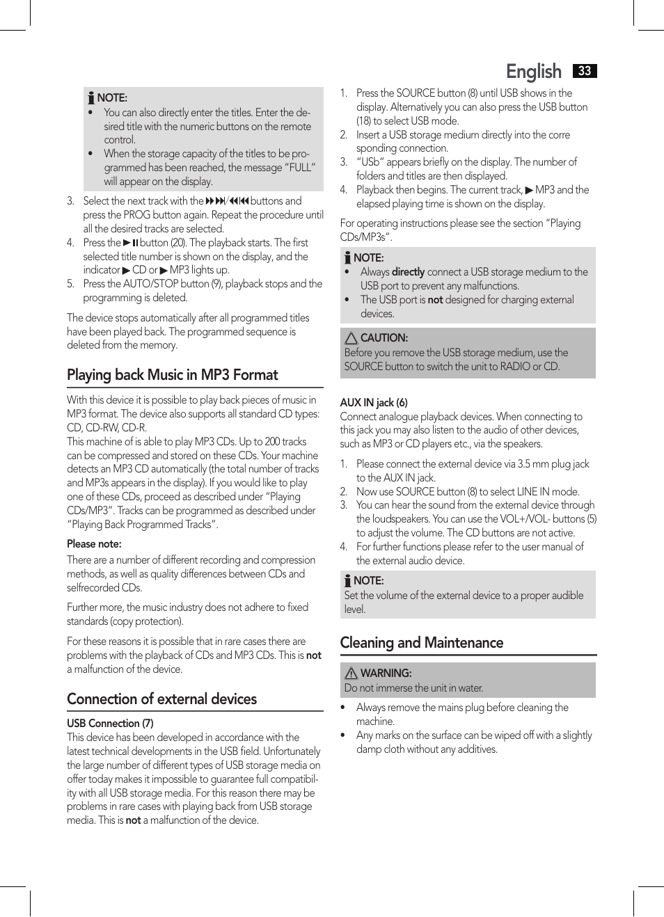 English, Playing back music in mp3 format, Connection of external devices | Cleaning and maintenance | AEG MC 4463 CD User Manual | Page 33 / 38