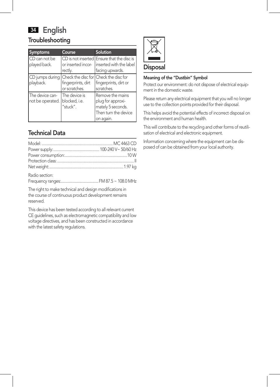 English, Troubleshooting, Technical data | Disposal | AEG MC 4463 CD User Manual | Page 34 / 38