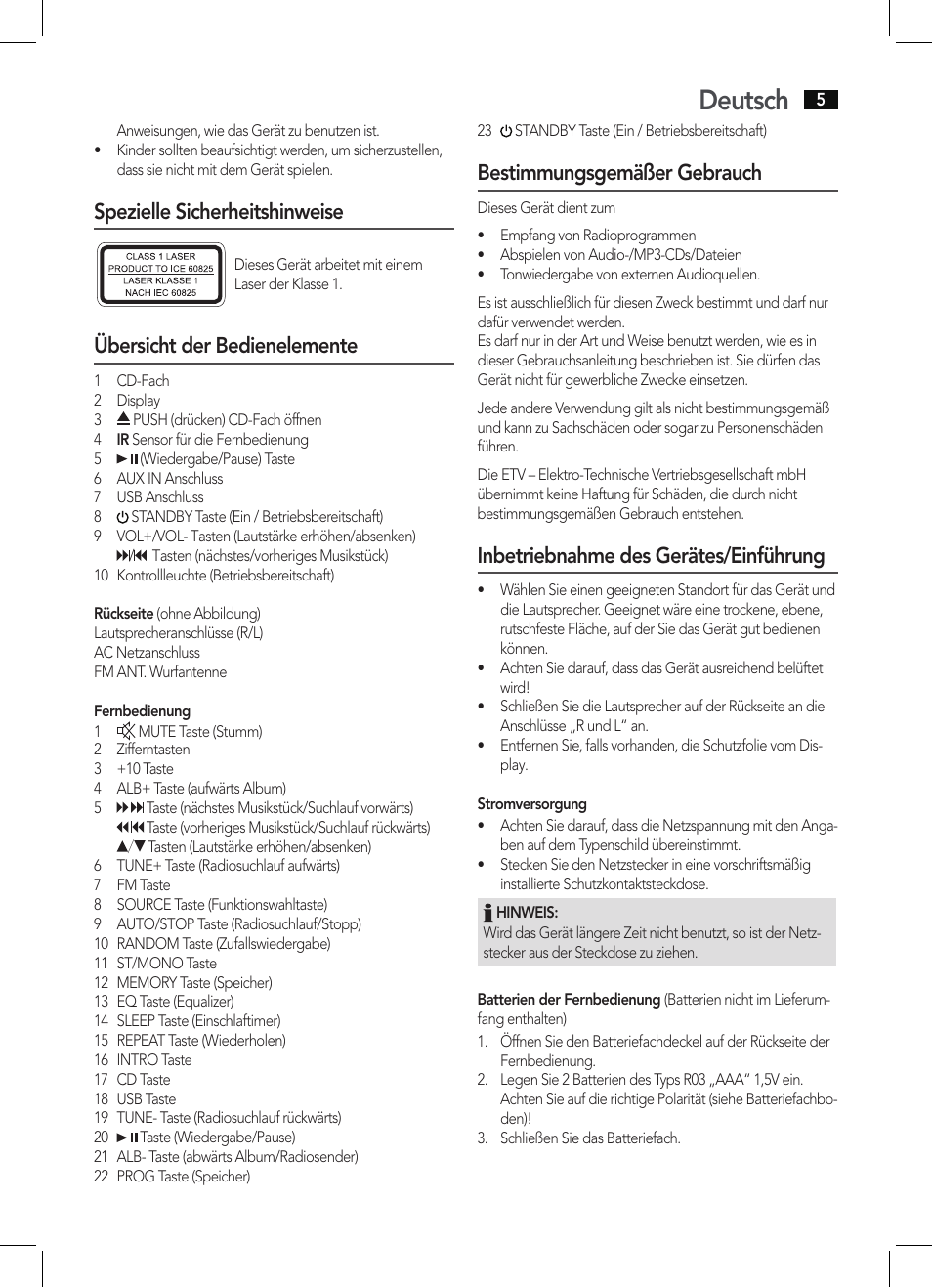 Deutsch, Spezielle sicherheitshinweise, Übersicht der bedienelemente | Bestimmungsgemäßer gebrauch, Inbetriebnahme des gerätes/einführung | AEG MC 4463 CD User Manual | Page 5 / 38