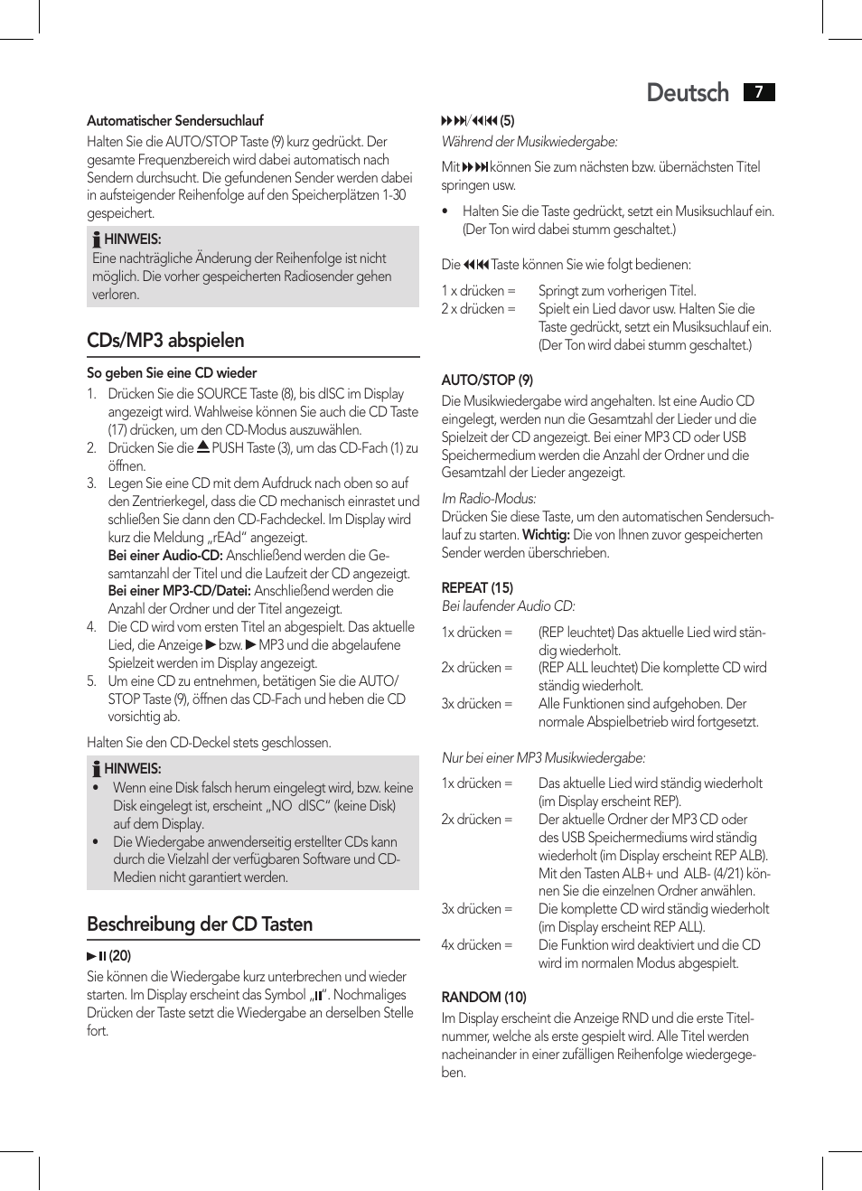 Deutsch, Cds/mp3 abspielen, Beschreibung der cd tasten | AEG MC 4463 CD User Manual | Page 7 / 38