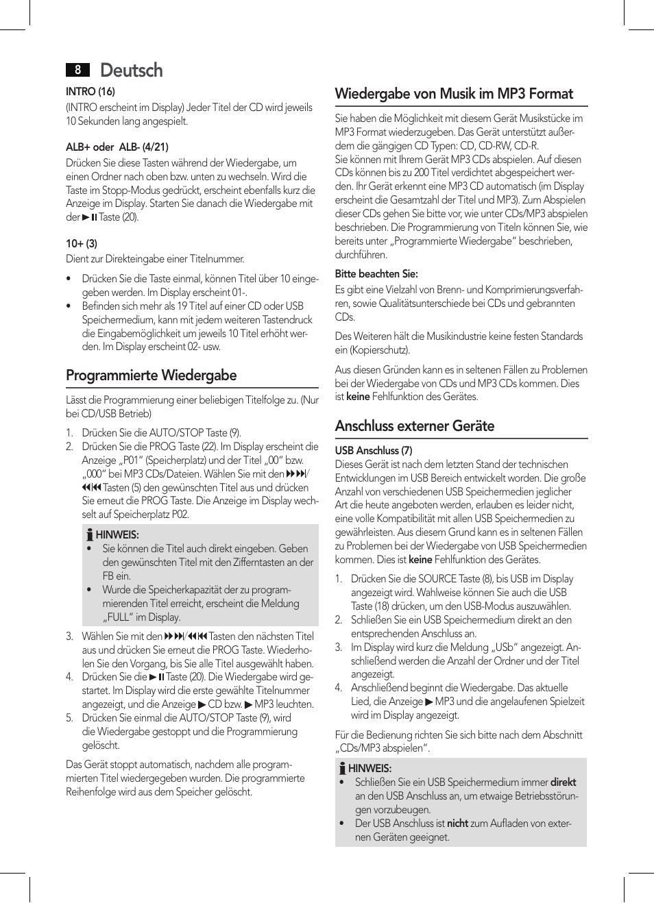 Deutsch, Programmierte wiedergabe, Wiedergabe von musik im mp3 format | Anschluss externer geräte | AEG MC 4463 CD User Manual | Page 8 / 38