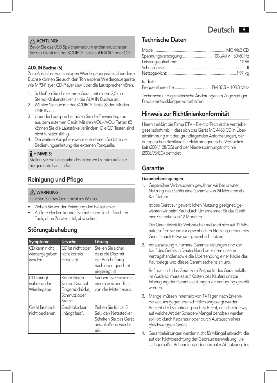 Deutsch, Reinigung und pflege, Störungsbehebung | Technische daten, Hinweis zur richtlinienkonformität, Garantie | AEG MC 4463 CD User Manual | Page 9 / 38