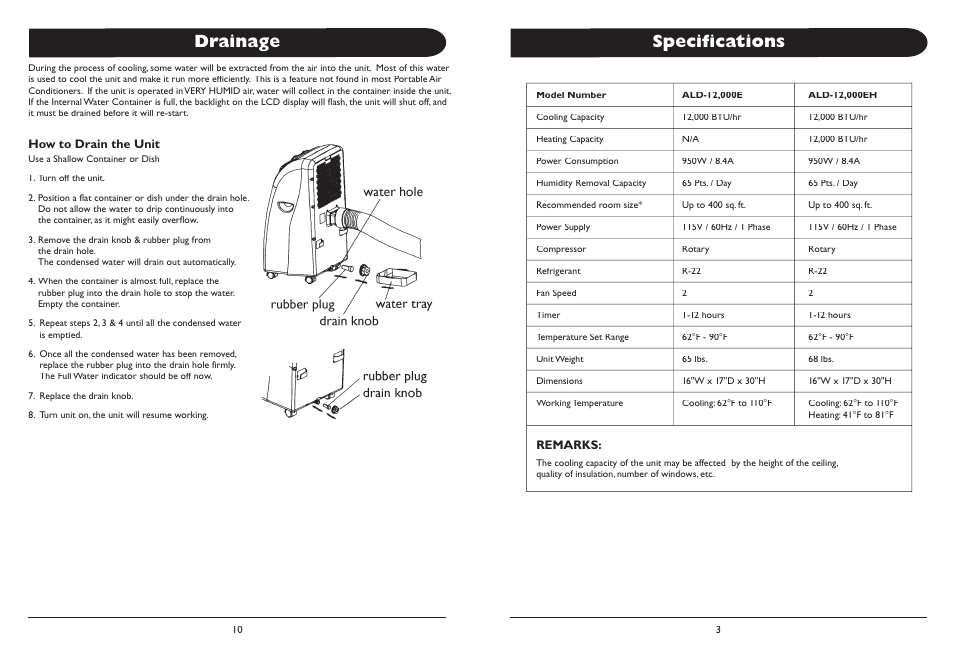 Specifications, Drainage | Amcor 000EH User Manual | Page 3 / 7