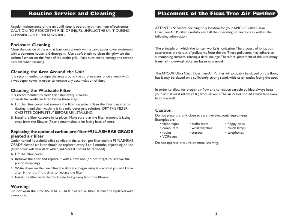 Placement of the ficus tree air purifier, Routine service and cleaning | Amcor AM-70 User Manual | Page 3 / 4