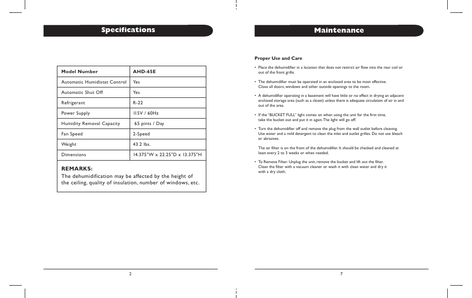 Specifications, Maintenance | Amcor AHD-65E User Manual | Page 3 / 6