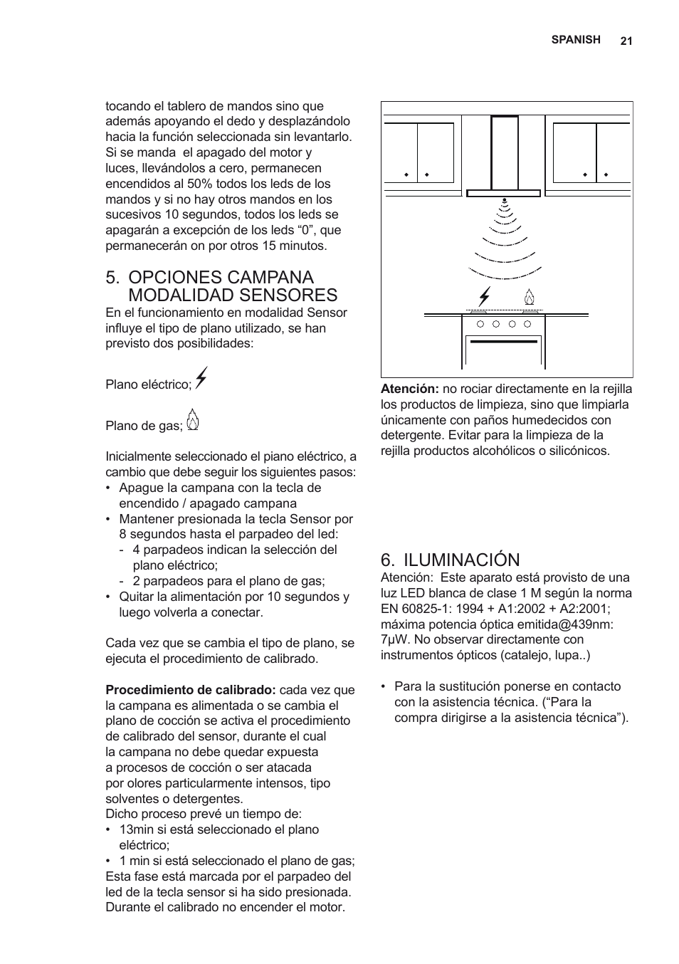 Opciones campana modalidad sensores, Iluminación | AEG X69453MD0 User Manual | Page 21 / 72