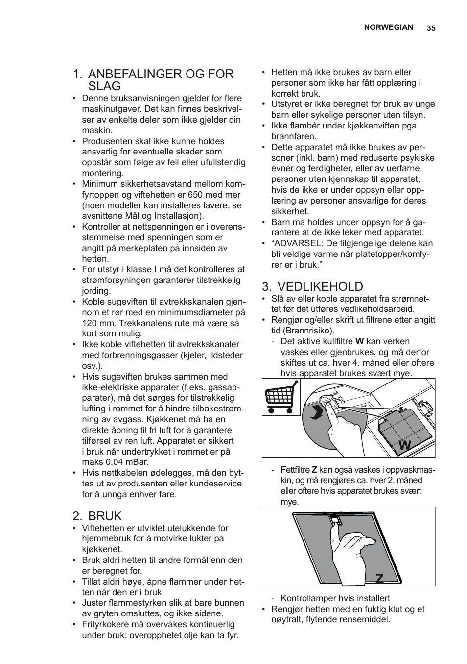 Anbefalinger og for slag, Bruk, Vedlikehold | AEG X69453MD0 User Manual | Page 35 / 72