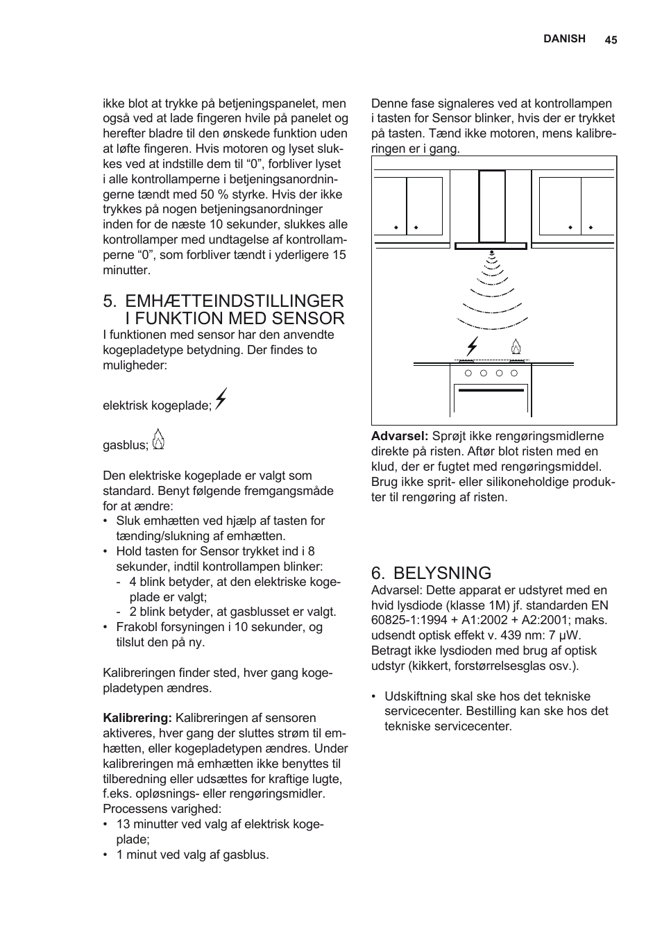 Emhætteindstillinger i funktion med sensor, Belysning | AEG X69453MD0 User Manual | Page 45 / 72