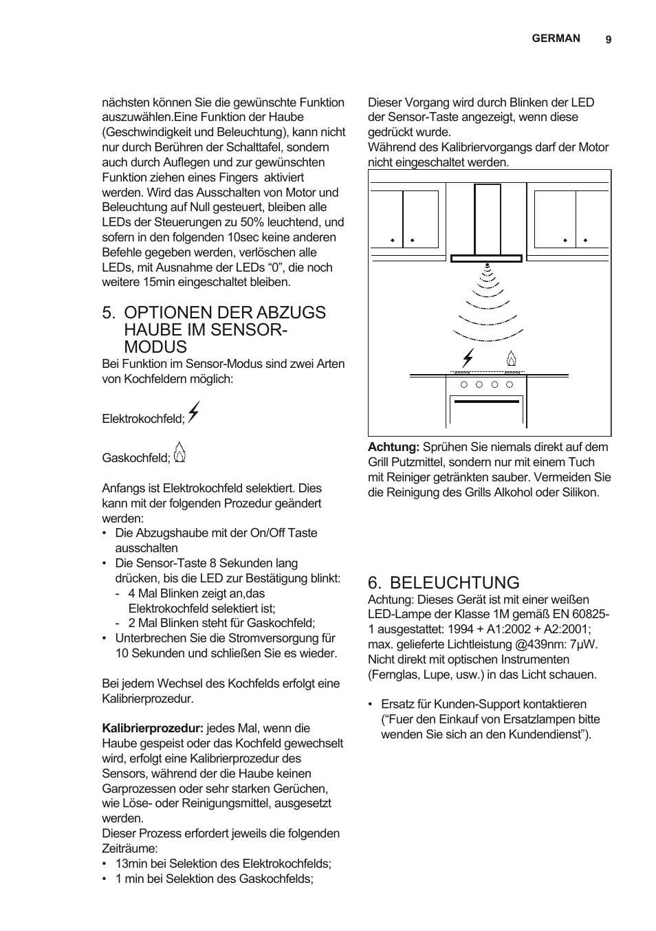 Optionen der abzugs haube im sensor- modus, Beleuchtung | AEG X69453MD0 User Manual | Page 9 / 72