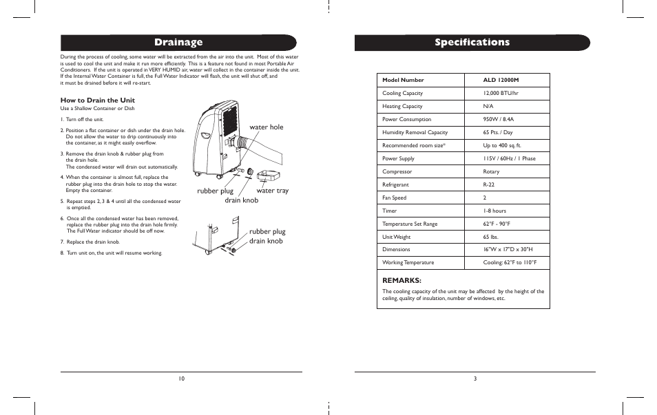 Specifications drainage, Remarks, How to drain the unit | Amcor ALD 12000M User Manual | Page 3 / 8