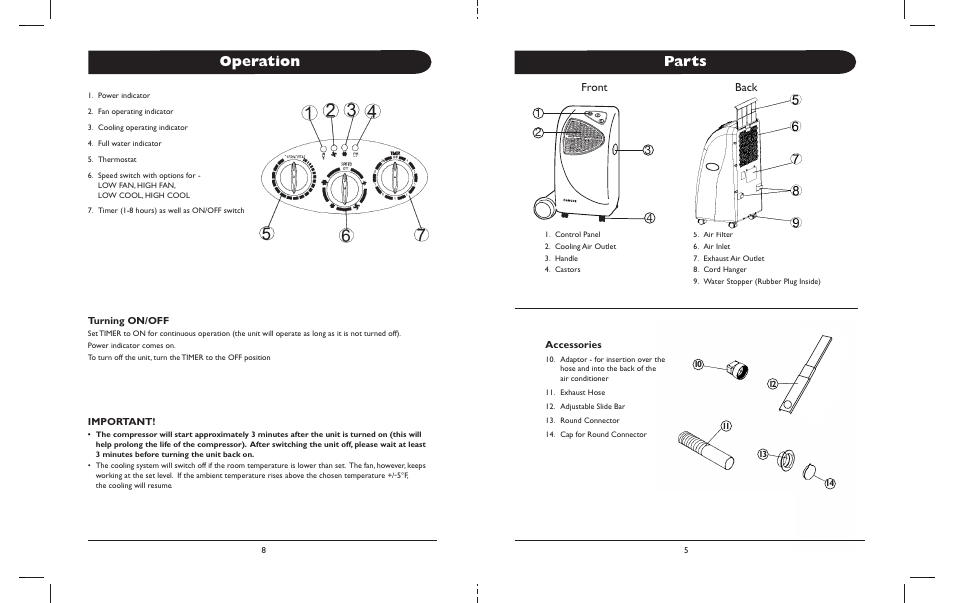 Parts, Operation, 12 back 3 front | Amcor ALD 12000M User Manual | Page 4 / 8