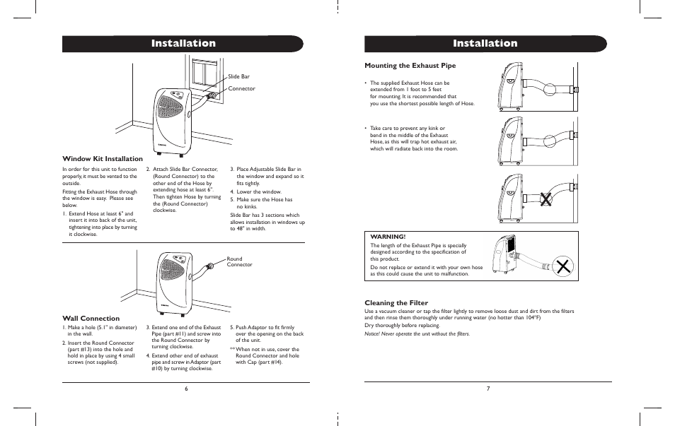 Installation, Mounting the exhaust pipe, Cleaning the filter | Window kit installation, Wall connection | Amcor ALD 12000M User Manual | Page 5 / 8