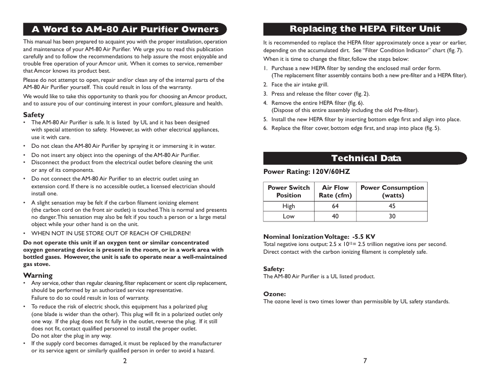 Technical data | Amcor AM-80 User Manual | Page 2 / 4