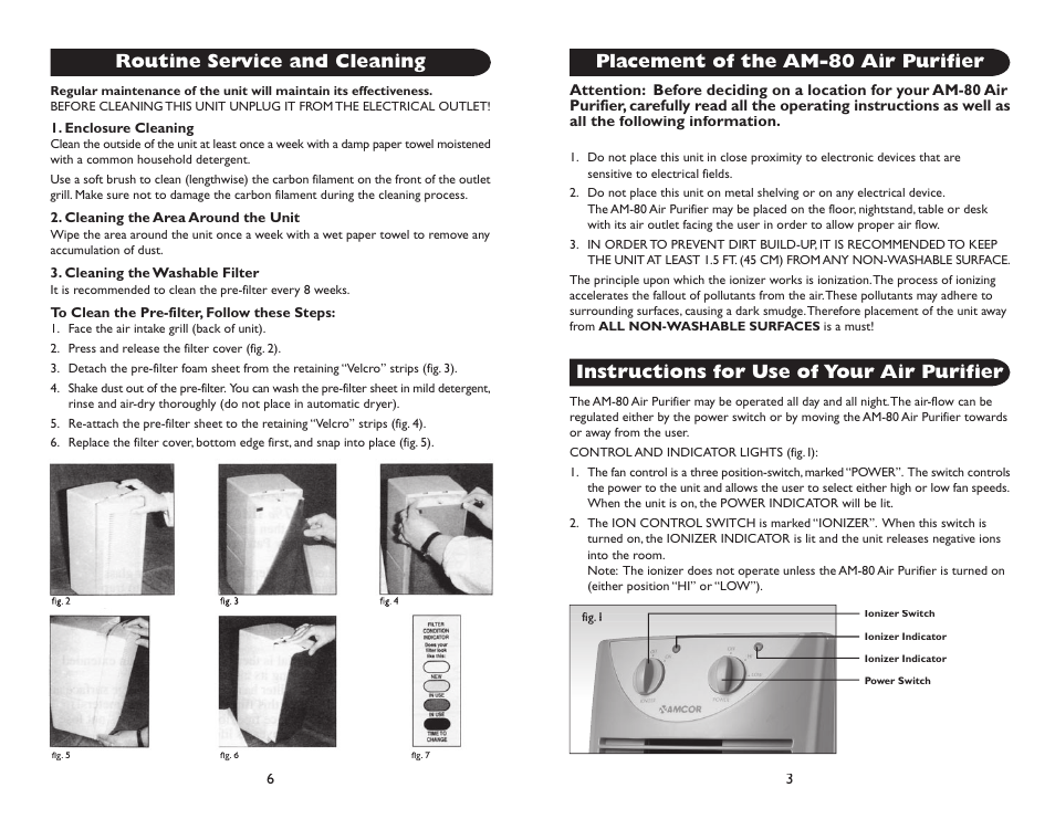 Placement of the am-80 air purifier, Instructions for use of your air purifier, Routine service and cleaning | Amcor AM-80 User Manual | Page 3 / 4
