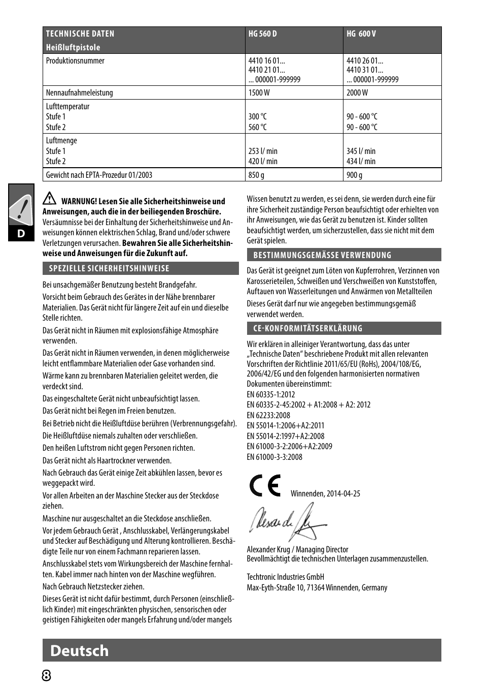 Deutsch | AEG HG 560 User Manual | Page 10 / 64
