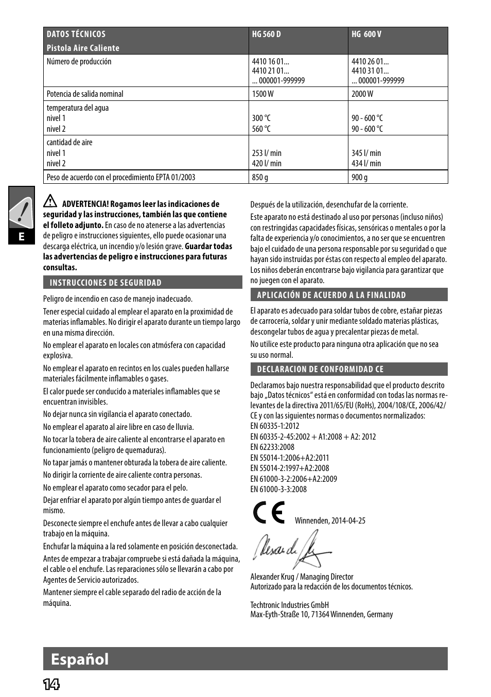 Español | AEG HG 560 User Manual | Page 16 / 64