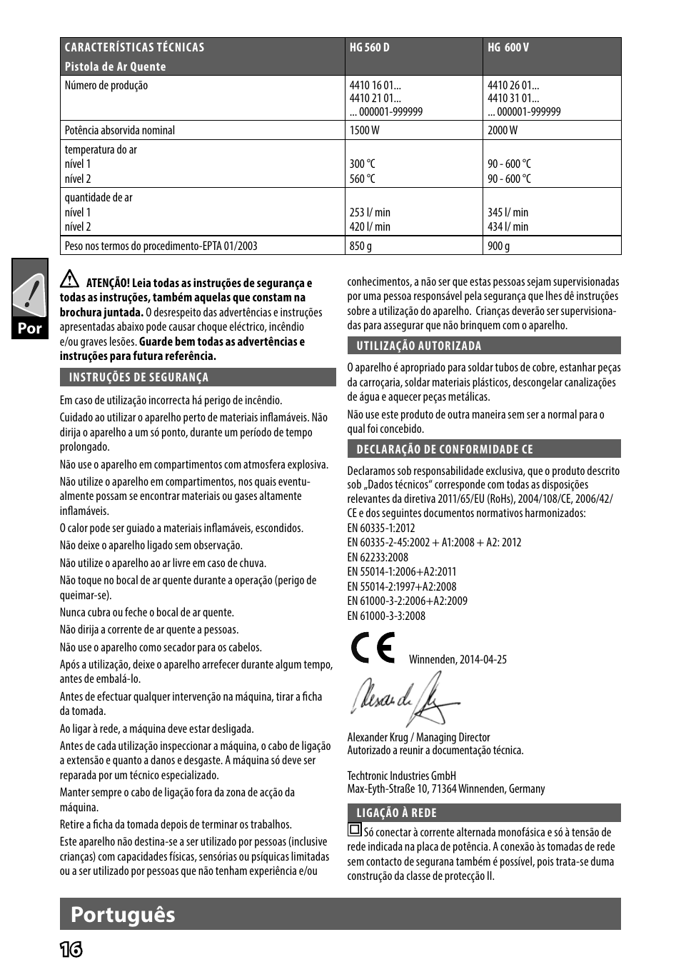 Português | AEG HG 560 User Manual | Page 18 / 64