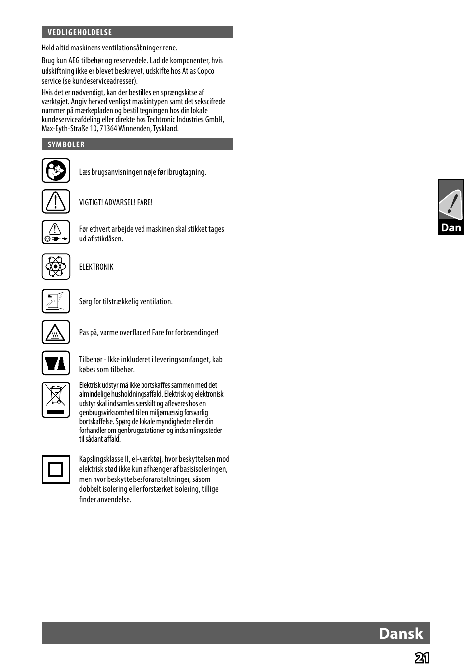 Dansk | AEG HG 560 User Manual | Page 23 / 64