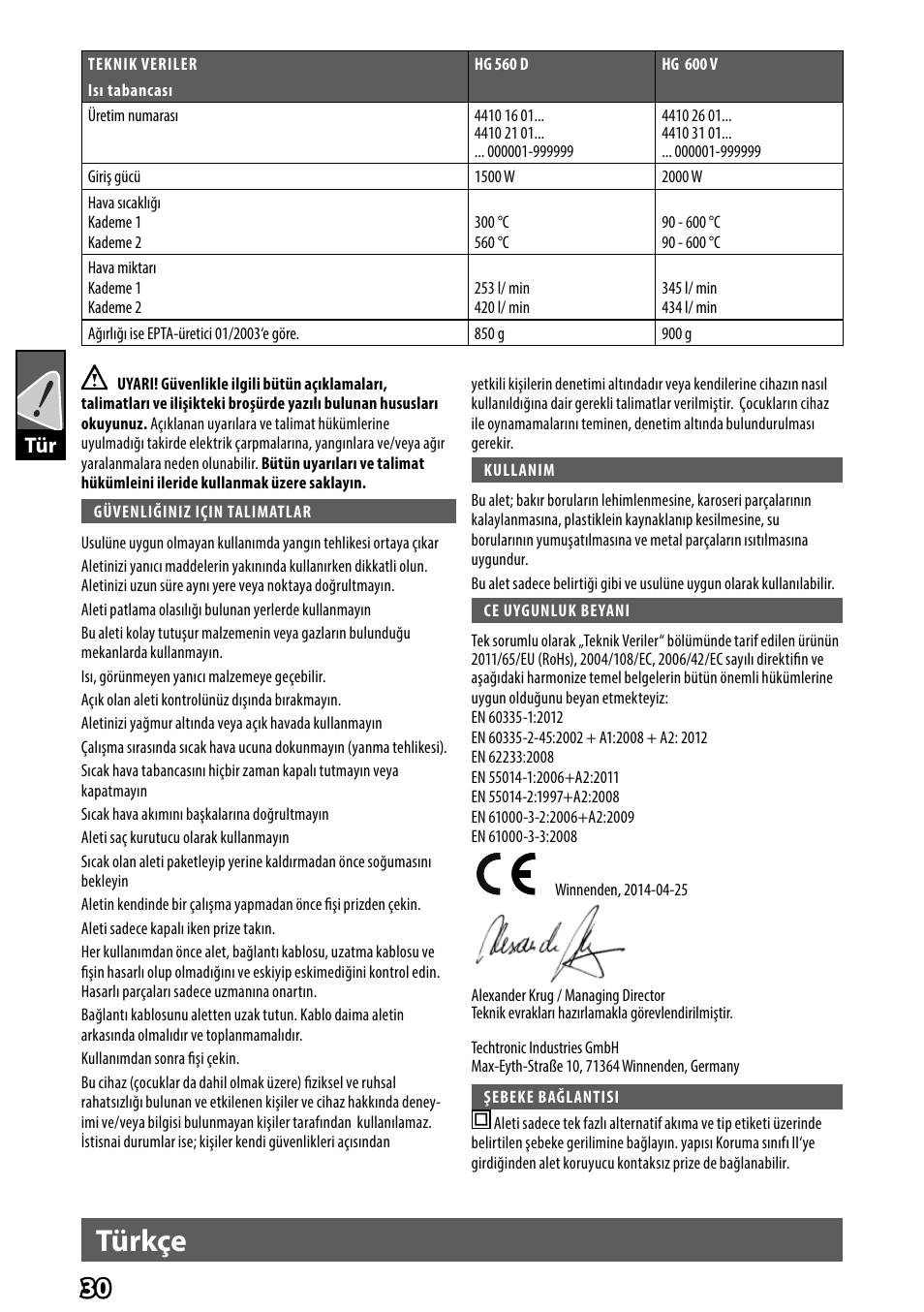 Türkçe | AEG HG 560 User Manual | Page 32 / 64