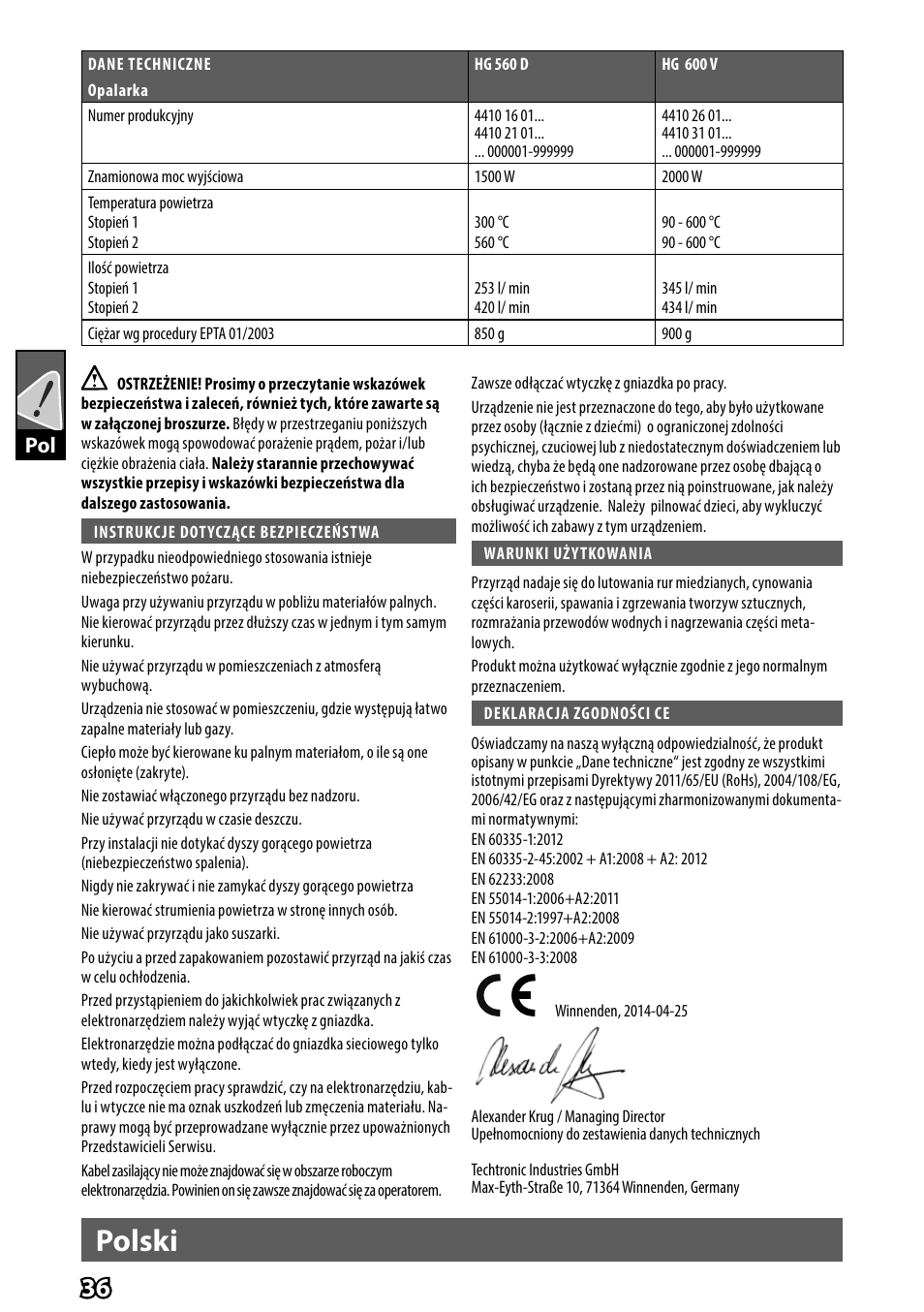 Polski | AEG HG 560 User Manual | Page 38 / 64