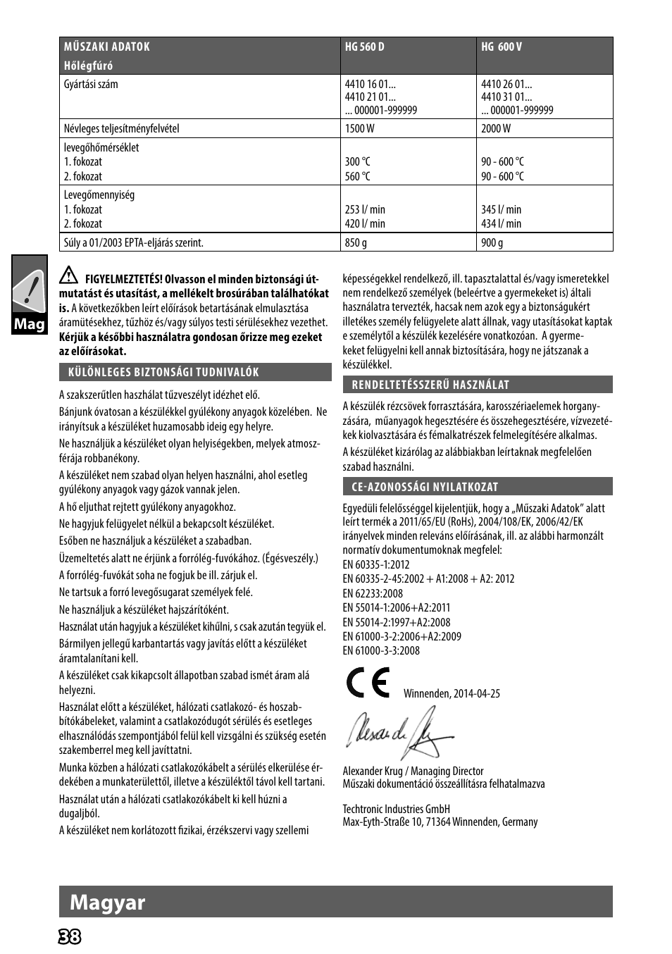 Magyar | AEG HG 560 User Manual | Page 40 / 64