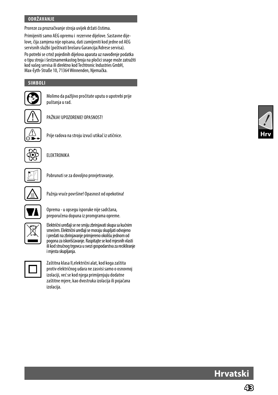 Hrvatski | AEG HG 560 User Manual | Page 45 / 64
