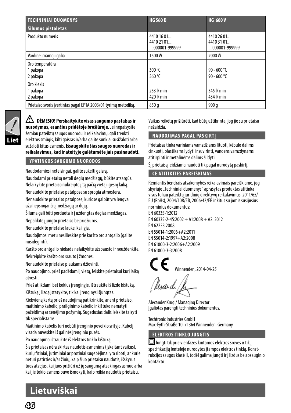 Lietuviškai, Liet | AEG HG 560 User Manual | Page 48 / 64