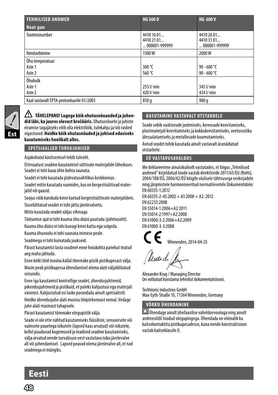 Eesti | AEG HG 560 User Manual | Page 50 / 64