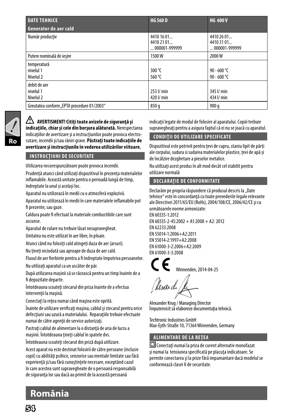 Romănia | AEG HG 560 User Manual | Page 56 / 64