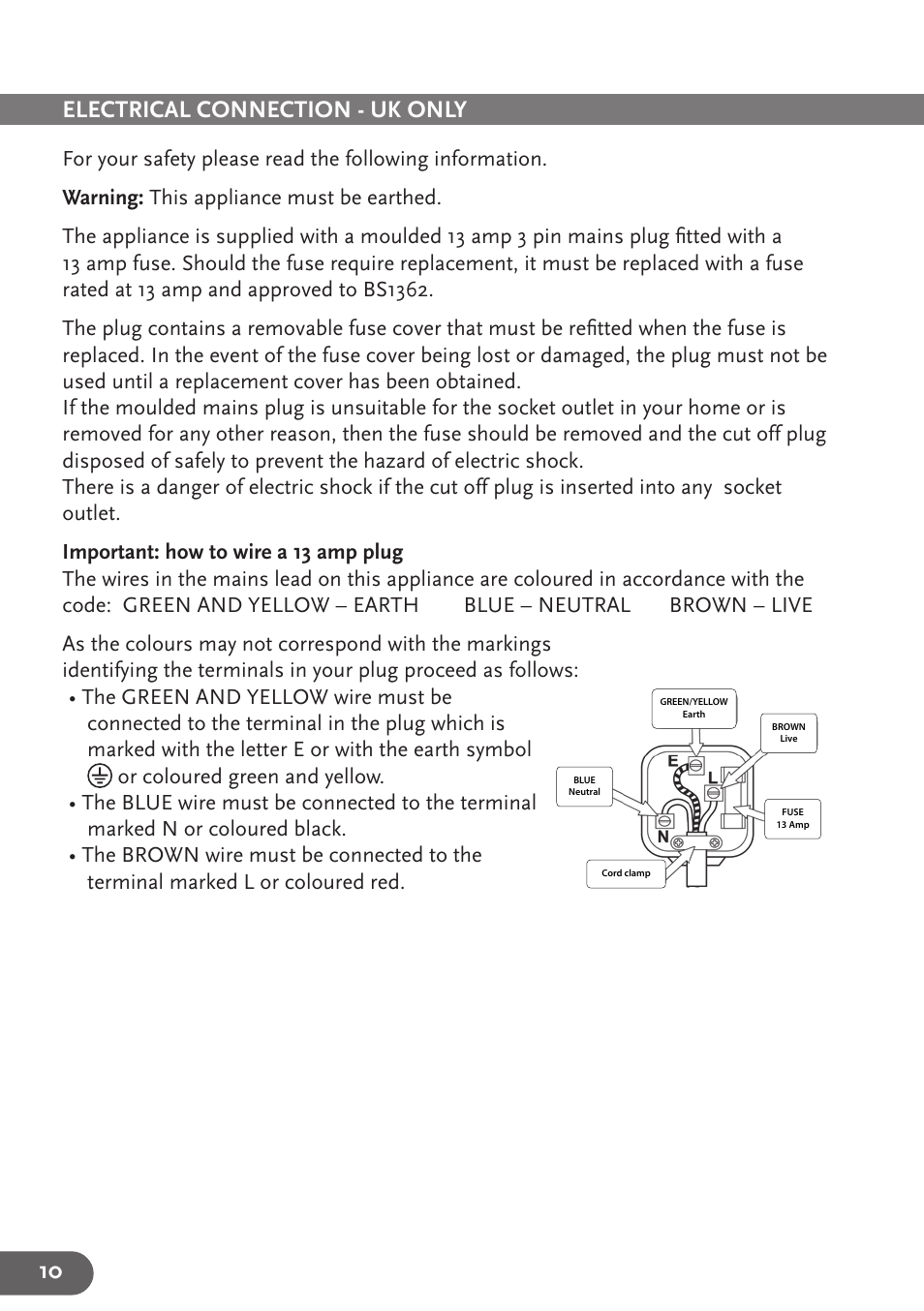 10 electrical connection - uk only | Amcor Ad 140 User Manual | Page 10 / 12