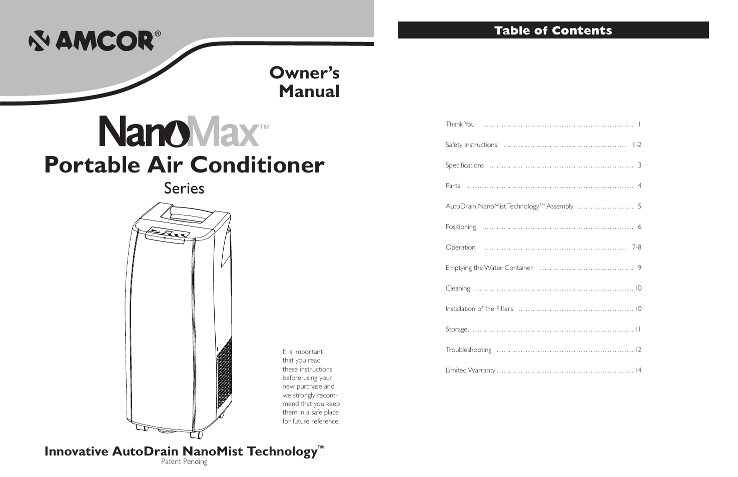 Amcor NanoMax Portable Air Conditioner User Manual | 16 pages