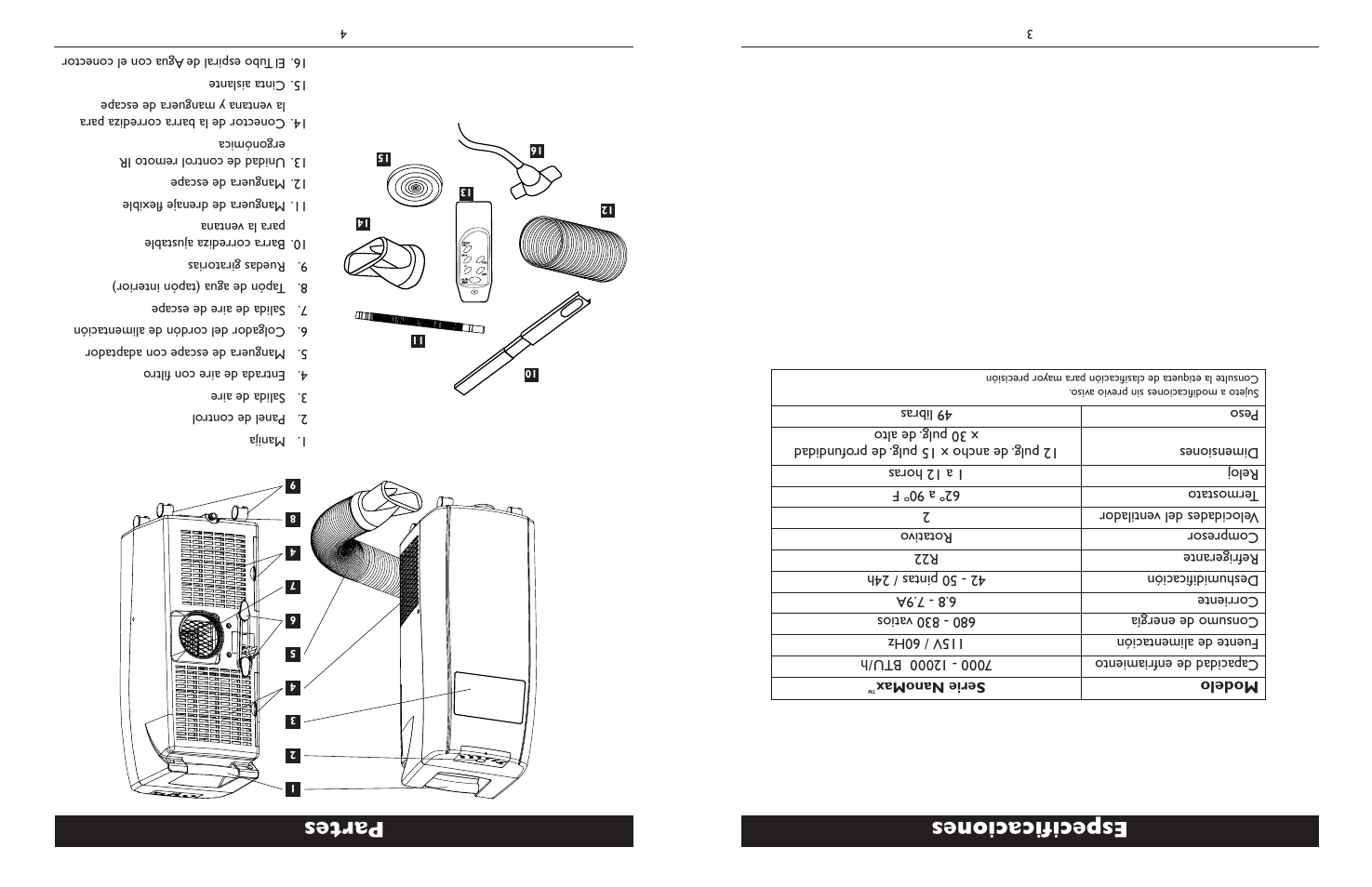 Espe cifi caci on es, Part es, Modelo | Amcor NanoMax Portable Air Conditioner User Manual | Page 14 / 16