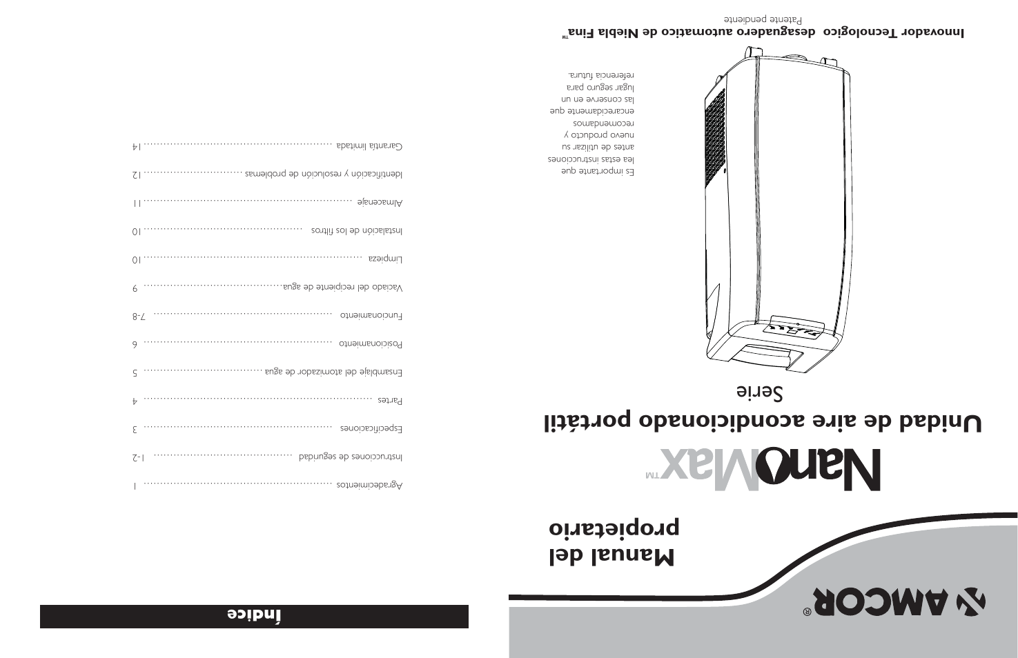 Unidad de ai re acondi cionado po rtá til, Ma nu al del propieta rio, Serie | Índi ce | Amcor NanoMax Portable Air Conditioner User Manual | Page 16 / 16
