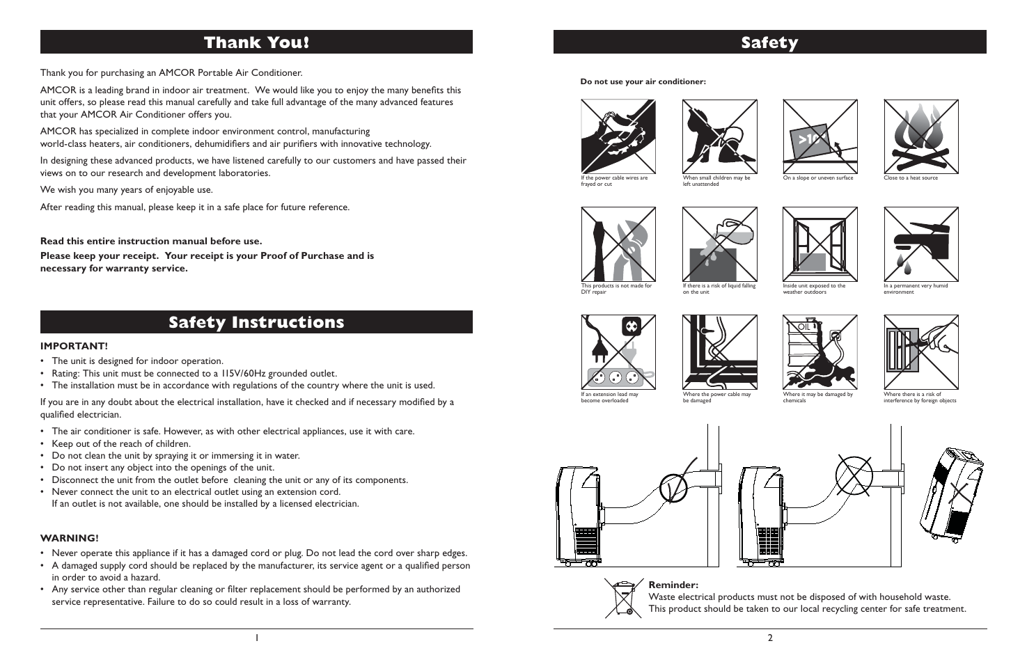 Safety instructions, Safety | Amcor NanoMax Portable Air Conditioner User Manual | Page 2 / 16