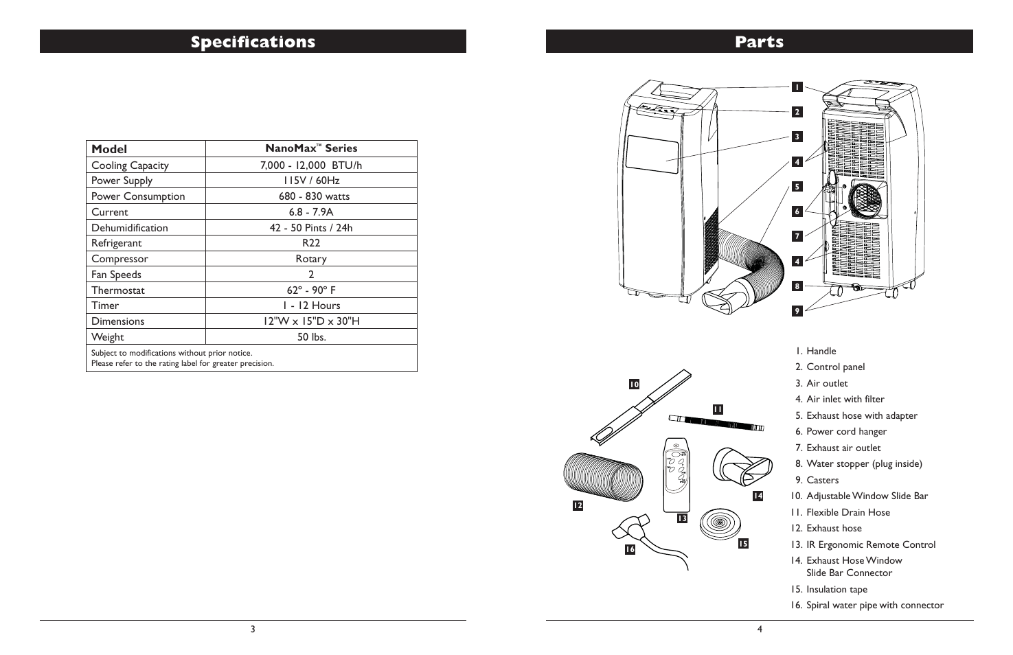 Specifi cations, Parts, Model | Amcor NanoMax Portable Air Conditioner User Manual | Page 3 / 16