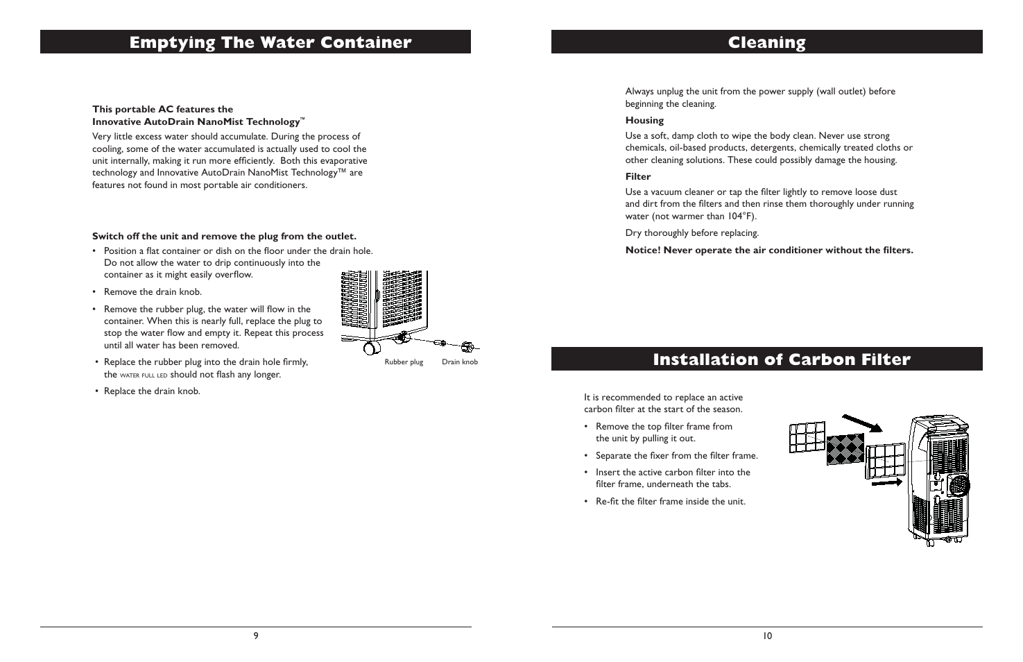 Emptying the water container, Cleaning installation of carbon filter | Amcor NanoMax Portable Air Conditioner User Manual | Page 6 / 16