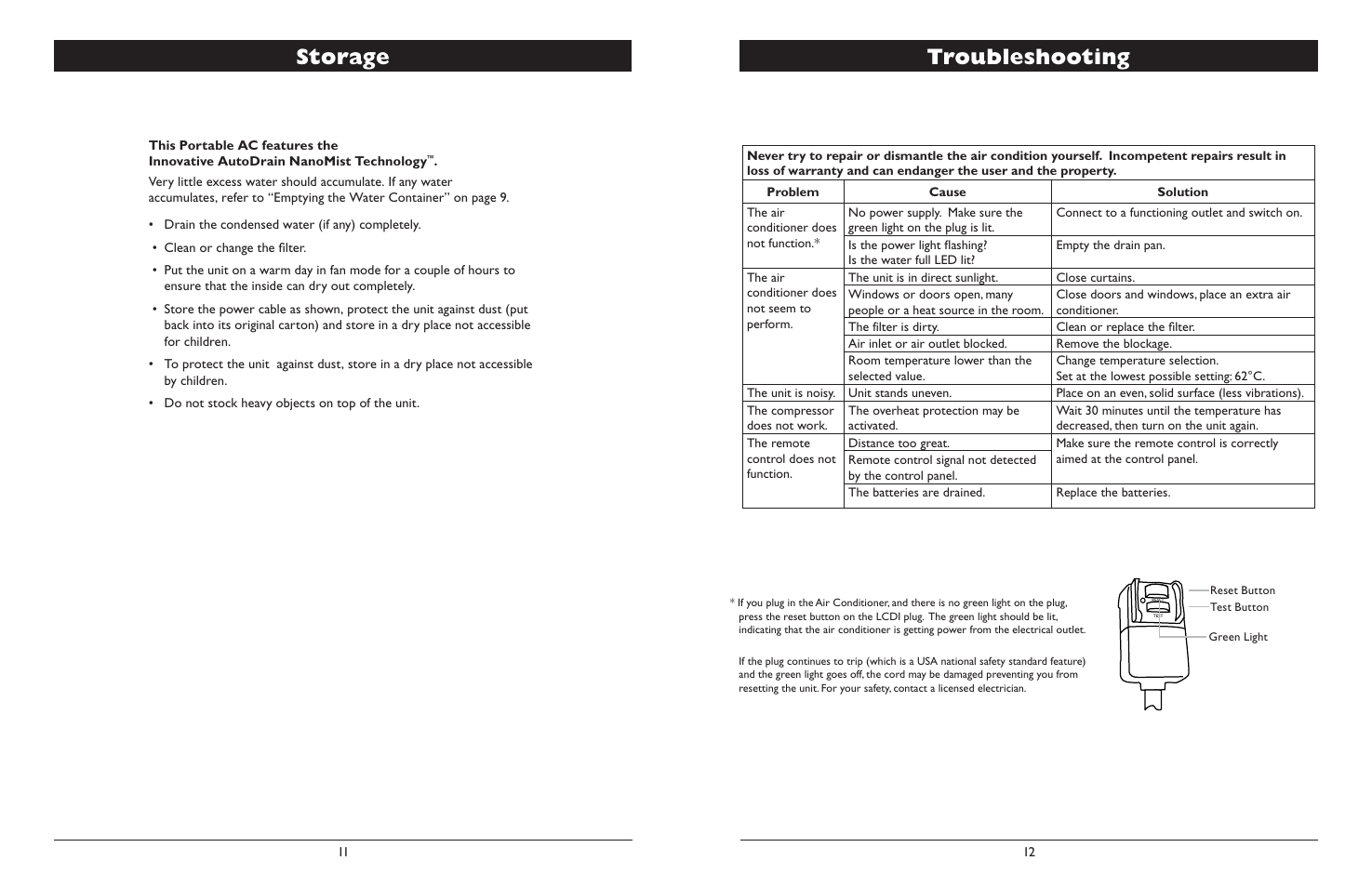 Storage, Troubleshooting | Amcor NanoMax Portable Air Conditioner User Manual | Page 7 / 16