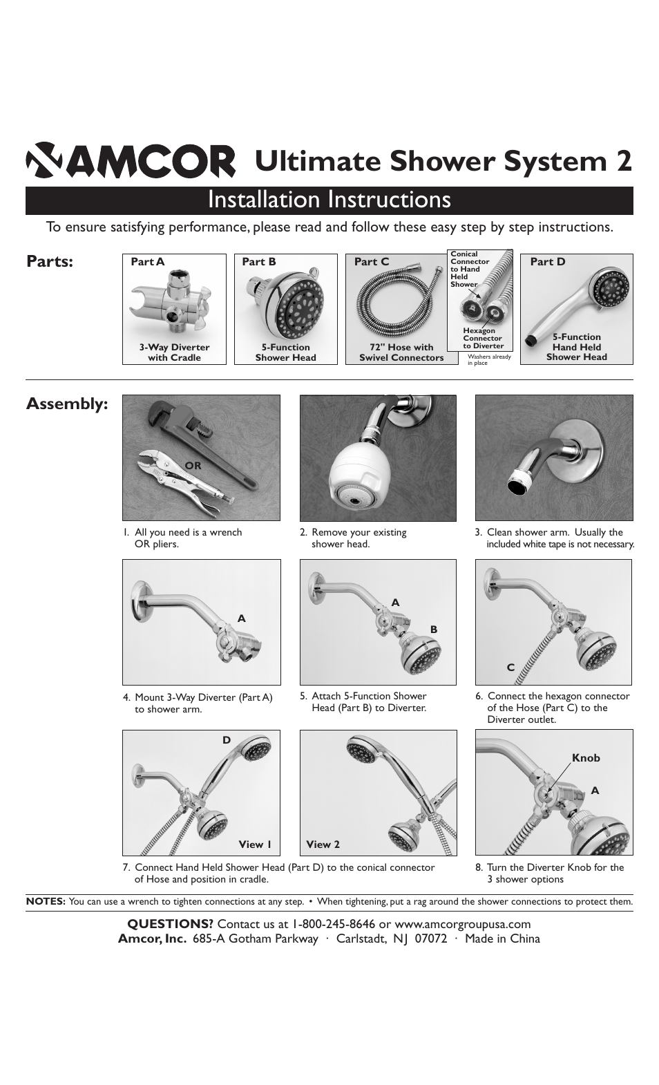 Ultimate shower system 2, Installation instructions, Assembly | Parts | Amcor Ultimate Shower System User Manual | Page 2 / 2