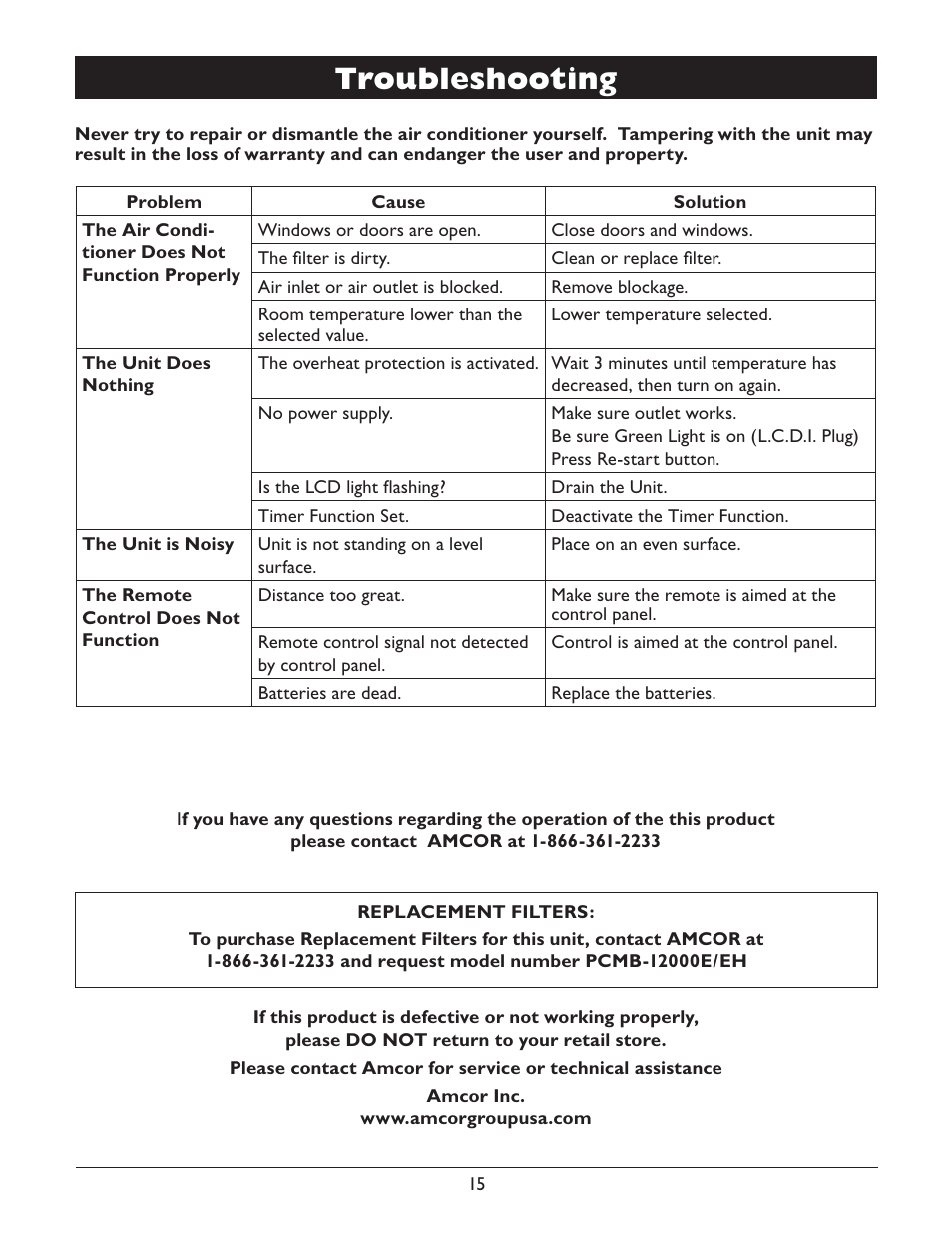 Troubleshooting | Amcor PCMB-12000E User Manual | Page 17 / 20