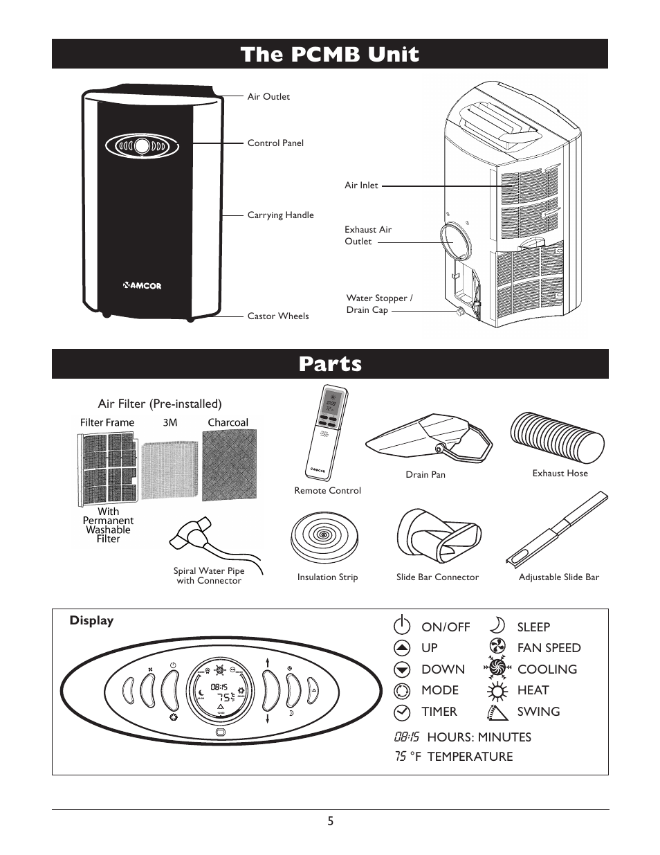The pcmb unit, Parts, Air filter (pre-installed) | Amcor PCMB-12000E User Manual | Page 7 / 20
